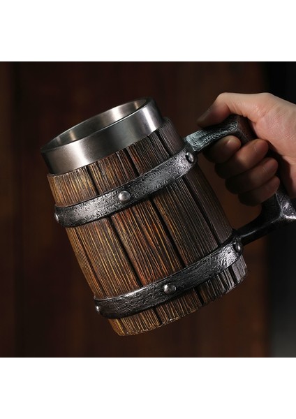 BM020-1 501-600 ml Yeni Viking Ahşap Tahıl Bira Kupa 304 Paslanmaz Çelik Ortaçağ Tavern Ahşap Taklit Varil Tankard Bira Kupa Kahve Fincanı Erkekler Hediye (Yurt Dışından)