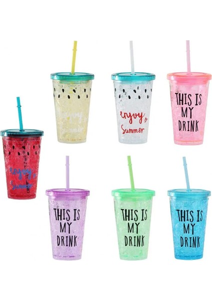 Mavi Yeniden Kullanılabilir Plastik Pipetli Bardak Kapaklı Su Soğuk Pipetli Bardaklar Su Içme Bardağı Suyu Bardakları Bardak Pipetli Kupa Drinkware (Yurt Dışından)