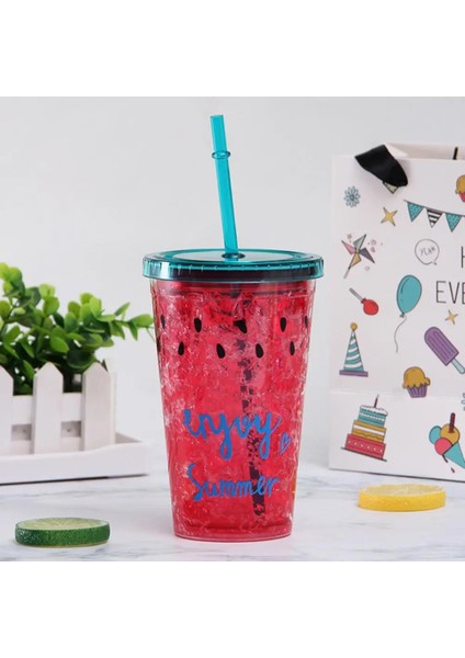 Mavi Yeniden Kullanılabilir Plastik Pipetli Bardak Kapaklı Su Soğuk Pipetli Bardaklar Su Içme Bardağı Suyu Bardakları Bardak Pipetli Kupa Drinkware (Yurt Dışından)