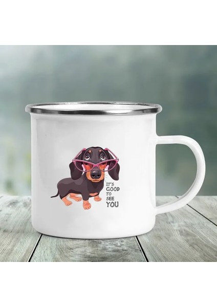 XH191-A015WH-8 360ML Dachshunds'u Seviyorum Baskılı Emaye Kupa Yaratıcı Cam Kahve Içecekleri Tatlı Süt Kupası Cam Vintage Isıtılabilir Kolu Drinkware Hediyeler (Yurt Dışından)