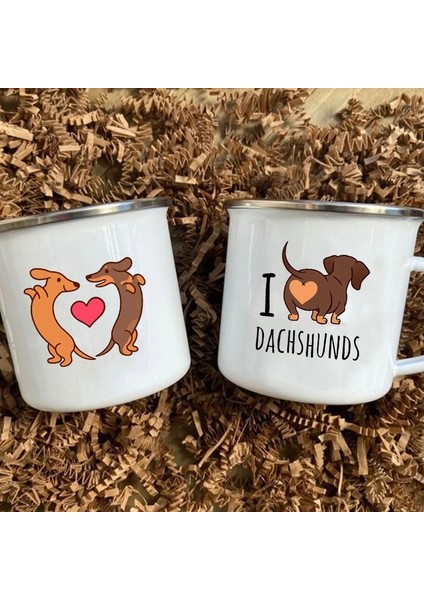 XH191-A015WH-8 360ML Dachshunds'u Seviyorum Baskılı Emaye Kupa Yaratıcı Cam Kahve Içecekleri Tatlı Süt Kupası Cam Vintage Isıtılabilir Kolu Drinkware Hediyeler (Yurt Dışından)