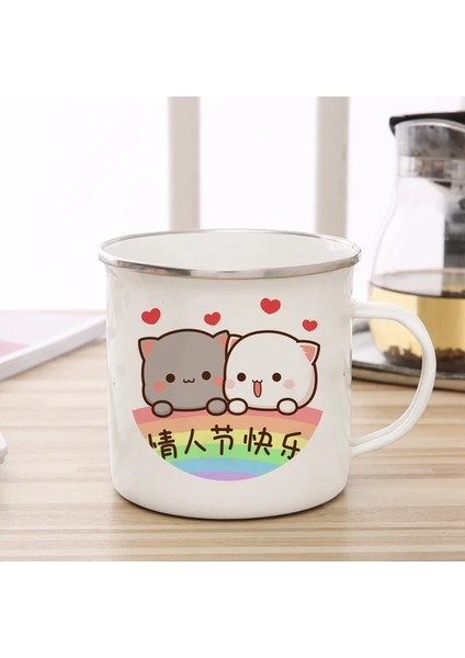 27 Emaye Fincan Yeni Şeftali ve Goma Kedi Emaye Kahve Çay Bardağı Sevimli Hayvan Kahvaltı Tatlı Süt Su Bardağı Çift Hediye Orijinal Kahvaltı Fincanları (Yurt Dışından)