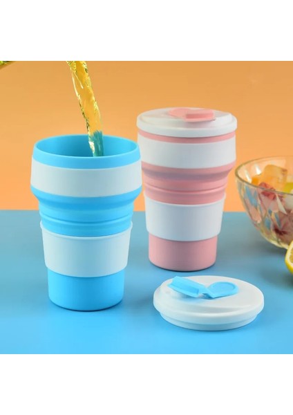 Mavi 350ML 350ML Silikon Pp Katlanır Bardak Katlanabilir Kupa Kapaklı Kahve Seyahat Açık Havada Taşınabilir Su Içme Çay Bardak Çok Fonksiyonlu (Yurt Dışından)