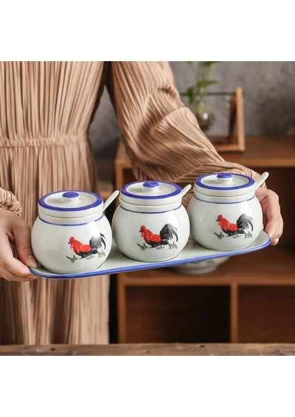 1 Adet Retro Seramik Horoz Baharat Kavanozu Tuz ve Monosodyum Glutamat Baharat Kavanozu Ev Mutfak Kapaklı Kaşık (Yurt Dışından)