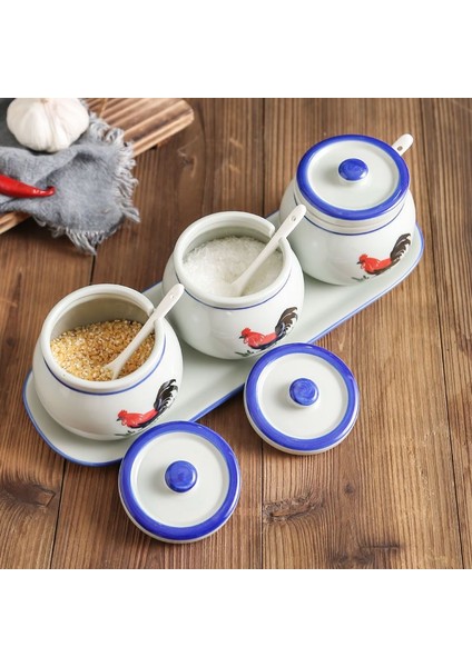 1 Adet Retro Seramik Horoz Baharat Kavanozu Tuz ve Monosodyum Glutamat Baharat Kavanozu Ev Mutfak Kapaklı Kaşık (Yurt Dışından)