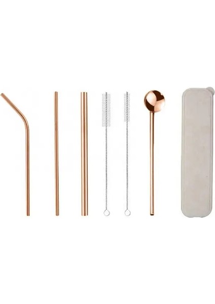 Gül Altın 7 Adet/takım Yemek Takımı Seti Yeniden Kullanılabilir Paslanmaz Çelik Pipet Kaşık Temizleme Fırçası ile Sofra Takımı Saklama Kutusu Çatal Seti (Yurt Dışından)