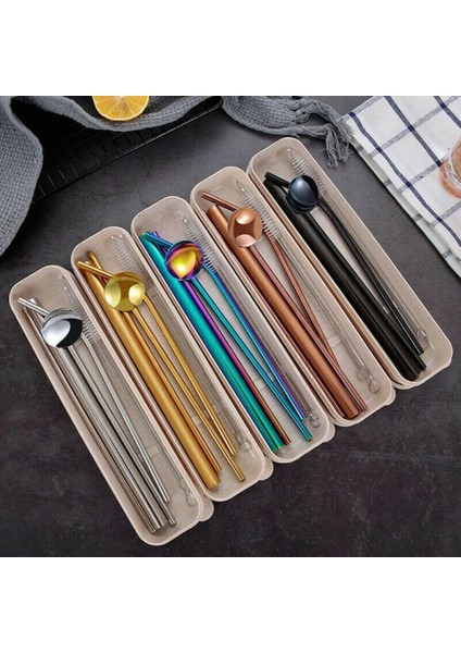 Gül Altın 7 Adet/takım Yemek Takımı Seti Yeniden Kullanılabilir Paslanmaz Çelik Pipet Kaşık Temizleme Fırçası ile Sofra Takımı Saklama Kutusu Çatal Seti (Yurt Dışından)