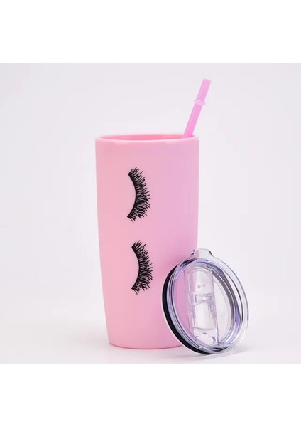 Pembe Yaratıcı 20 Oz Pembe Kirpik Suyu Su Bardağı Plastik Seyahat Araba Kapaklı Bardak Saman Çift Duvar Kahve Fincanı Drinkware Kızlar Hediye (Yurt Dışından)