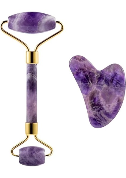 Mor Set Ametist Masajı Doğal Taş Yüz Rulo Gua Sha Alet Takımı Spa Akupunktur Kazıma Kristal Vücut Yüz Sağlık Masajı (Yurt Dışından)