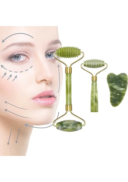 Gül Kırmızı 2/3 Adet Doğal Taş Gua Sha Yüz Masaj Seti Guaj Kazıyıcı Arka Boyun Scratcher Masajı Yüz Masaj Aletleri Yeşim Rulo (Yurt Dışından)