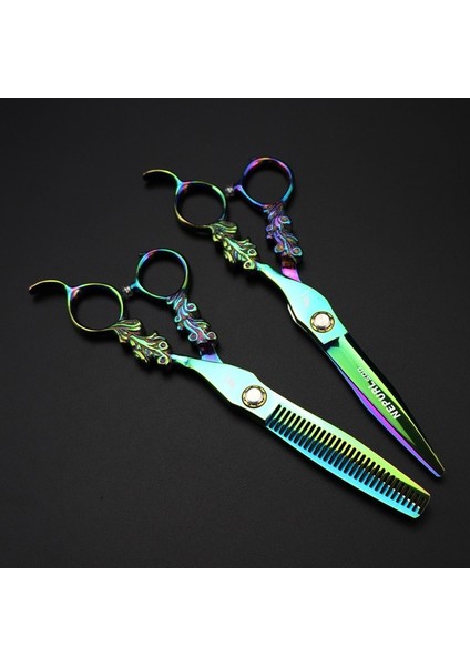 Set 6.0 "japonya 440C Profesyonel Kuaför Makas Kesim Berber Yeşil Çiçek Saç Kesimi Inceltme Makası Kuaförlük Aracı Makas (Yurt Dışından)