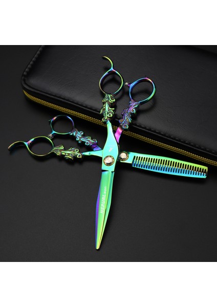 Set 6.0 "japonya 440C Profesyonel Kuaför Makas Kesim Berber Yeşil Çiçek Saç Kesimi Inceltme Makası Kuaförlük Aracı Makas (Yurt Dışından) modelleri