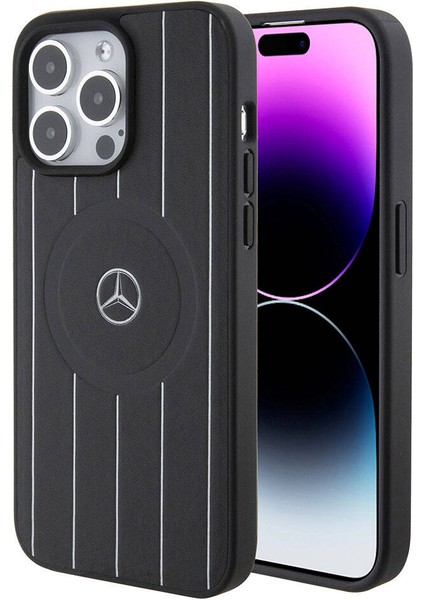 iPhone 15 Pro Max Kılıf Mercedes-Benz Orjinal Lisanslı Magsafe Şarjlı Baskı Logolu Deri Siyah