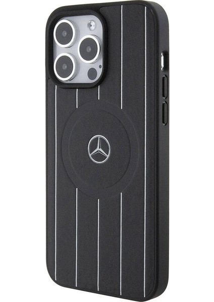 iPhone 15 Pro Max Kılıf Mercedes-Benz Orjinal Lisanslı Magsafe Şarjlı Baskı Logolu Deri Siyah