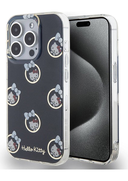 ZORE Hello Kitty iPhone 15 Pro Kılıf Hello Kitty Orjinal Lisanslı Elektroplating Kaplama Kabarcık Baskılı Kapak Siyah