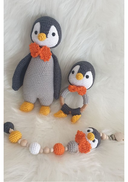 Kelebeğin Rüyası Hobi Evi Amigurumi Yenidoğan Uyku Arkadaşı Penguen, Çıngırak, Emzik Zinciri