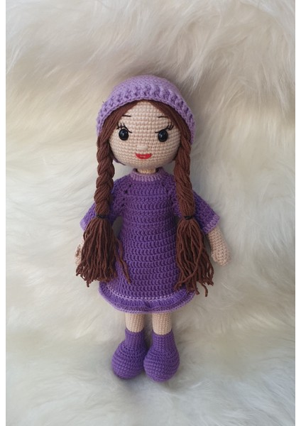 Amigurumi Lila Şapkalı Örgülü Saçlı Kız Bebek