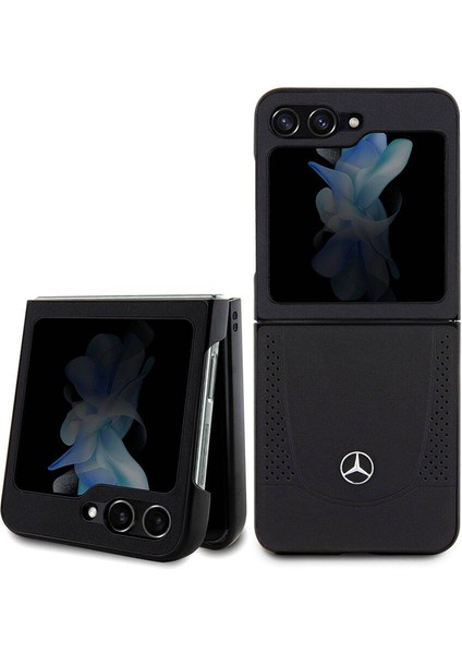 Galaxy Z Flip 5 Kılıf Mercedes-Benz Orjinal Lisanslı Metal Yıldız Logolu Urban Deri Kapak Siyah
