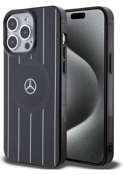 ZORE Mercedes-Benz iPhone 15 Pro Kılıf Mercedes-Benz Orjinal Lisanslı Magsafe Şarjlı Paralel Çizgi Desenli Siyah