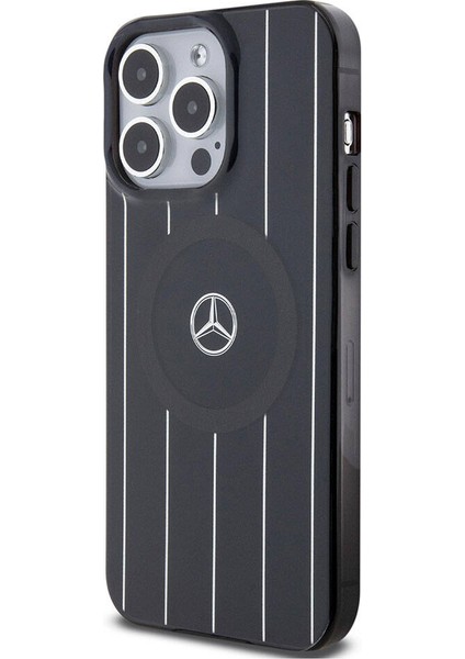 ZORE Mercedes-Benz iPhone 15 Pro Kılıf Mercedes-Benz Orjinal Lisanslı Magsafe Şarjlı Paralel Çizgi Desenli Siyah
