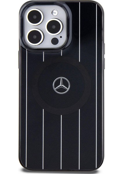 ZORE Mercedes-Benz iPhone 15 Pro Kılıf Mercedes-Benz Orjinal Lisanslı Magsafe Şarjlı Paralel Çizgi Desenli Siyah