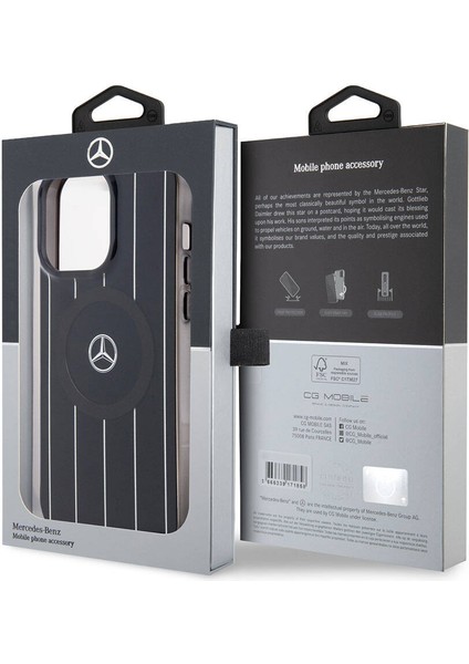 ZORE Mercedes-Benz iPhone 15 Pro Kılıf Mercedes-Benz Orjinal Lisanslı Magsafe Şarjlı Paralel Çizgi Desenli Siyah