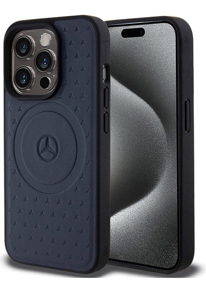 ZORE Mercedes-Benz iPhone 15 Pro Kılıf Mercedes-Benz Orjinal Lisanslı Magsafe Şarjlı Desenli ve Logolu Deri Lacivert