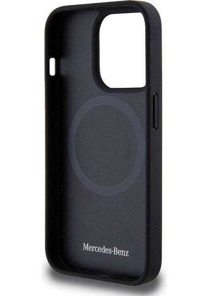 ZORE Mercedes-Benz iPhone 15 Pro Kılıf Mercedes-Benz Orjinal Lisanslı Magsafe Şarjlı Desenli ve Logolu Deri Lacivert