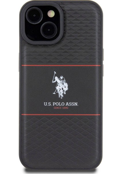 U.S. Polo Assn. iPhone 15 Plus Kılıf U.s. Polo Assn. Orjinal Lisanslı Deri Şeritli Logo Dizayn Kapak Siyah