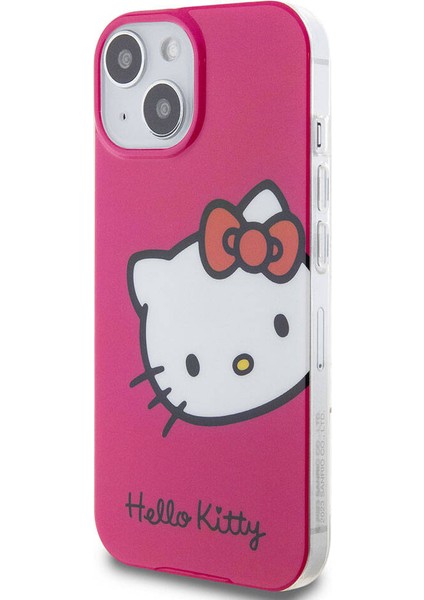 iPhone 15 Kılıf Hello Kitty Orjinal Lisanslı Yazı ve Ikonik Logolu Kitty Head Kapak Pembe