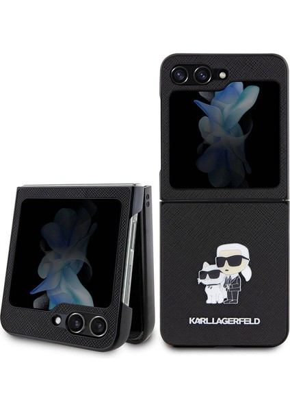 Galaxy Z Flip 5 Kılıf Orjinal Lisanslı K&c Metal Logolu Saffiano Kapak Siyah