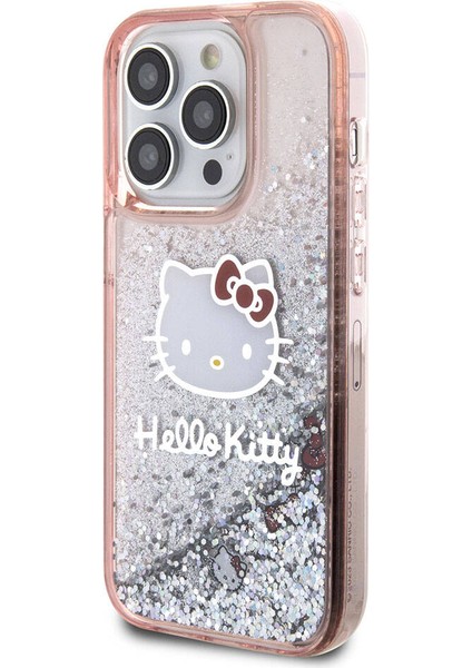 ZORE Hello Kitty iPhone 15 Pro Kılıf Hello Kitty Orjinal Lisanslı Ikonik Sıvılı Glitter Kapak Pembe