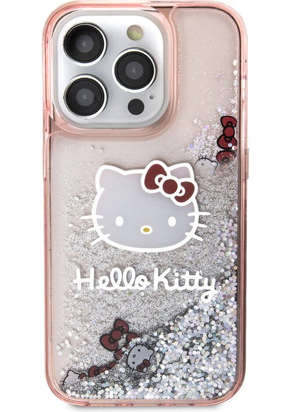 ZORE Hello Kitty iPhone 15 Pro Kılıf Hello Kitty Orjinal Lisanslı Ikonik Sıvılı Glitter Kapak Pembe