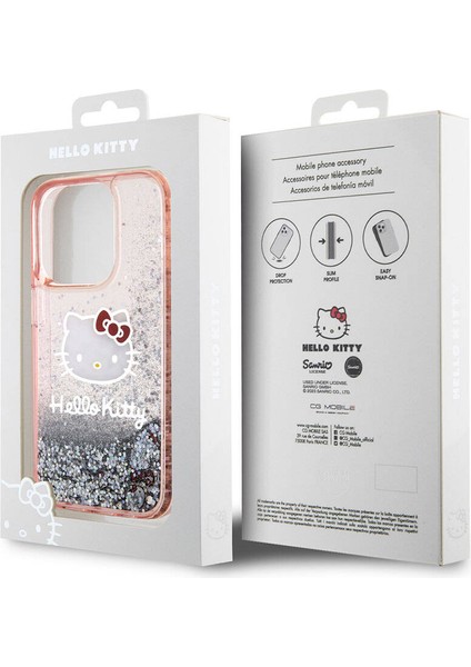 ZORE Hello Kitty iPhone 15 Pro Kılıf Hello Kitty Orjinal Lisanslı Ikonik Sıvılı Glitter Kapak Pembe