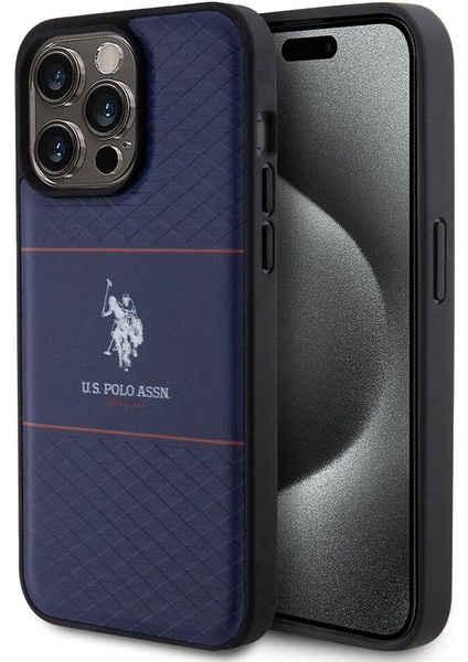 U.S. Polo Assn. iPhone 15 Pro Max Kılıf U.s. Polo Assn. Orjinal Lisanslı Deri Şeritli Logo Dizayn Kapak Lacivert