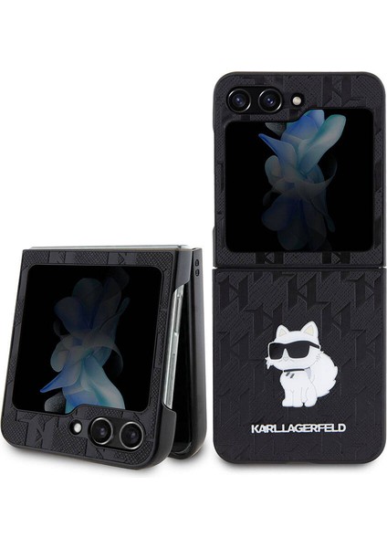 Galaxy Z Flip 5 Kılıf Orjinal Lisanslı Kl Desenli Choupette Ikonik Saffiano Siyah
