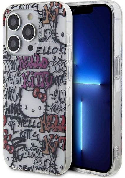 ZORE Hello Kitty iPhone 15 Pro Kılıf Hello Kitty Orjinal Lisanslı Ikonik Logolu Etiket Graffiti Kapak Beyaz
