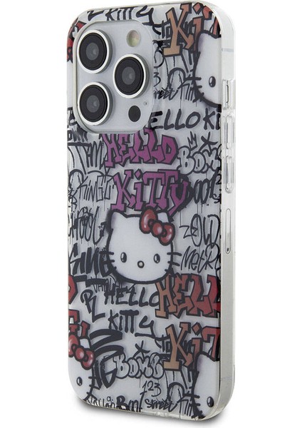 ZORE Hello Kitty iPhone 15 Pro Kılıf Hello Kitty Orjinal Lisanslı Ikonik Logolu Etiket Graffiti Kapak Beyaz