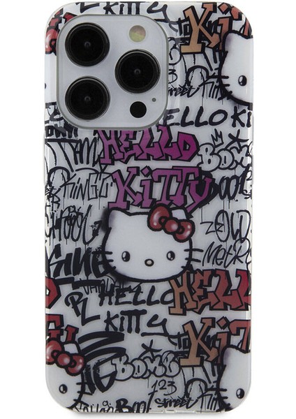 ZORE Hello Kitty iPhone 15 Pro Kılıf Hello Kitty Orjinal Lisanslı Ikonik Logolu Etiket Graffiti Kapak Beyaz