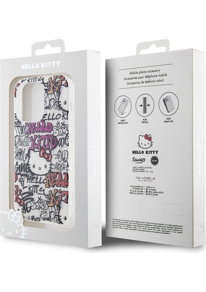 ZORE Hello Kitty iPhone 15 Pro Kılıf Hello Kitty Orjinal Lisanslı Ikonik Logolu Etiket Graffiti Kapak Beyaz