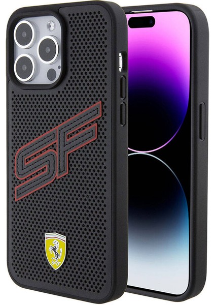 ZORE Ferrari iPhone 15 Pro Max Kılıf Ferrari Orjinal Lisanslı Pu Delikli Yüzey Metal Logolu Büyük Sf Yazılı Siyah
