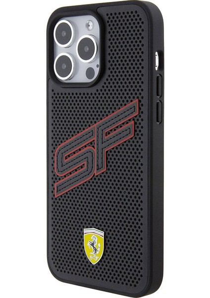 ZORE Ferrari iPhone 15 Pro Max Kılıf Ferrari Orjinal Lisanslı Pu Delikli Yüzey Metal Logolu Büyük Sf Yazılı Siyah fiyatları