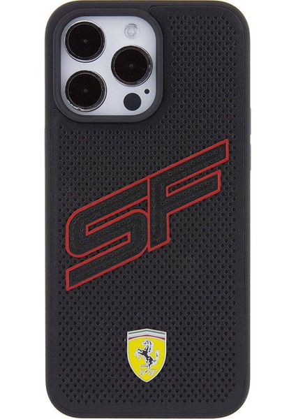 ZORE Ferrari iPhone 15 Pro Max Kılıf Ferrari Orjinal Lisanslı Pu Delikli Yüzey Metal Logolu Büyük Sf Yazılı Siyah modelleri