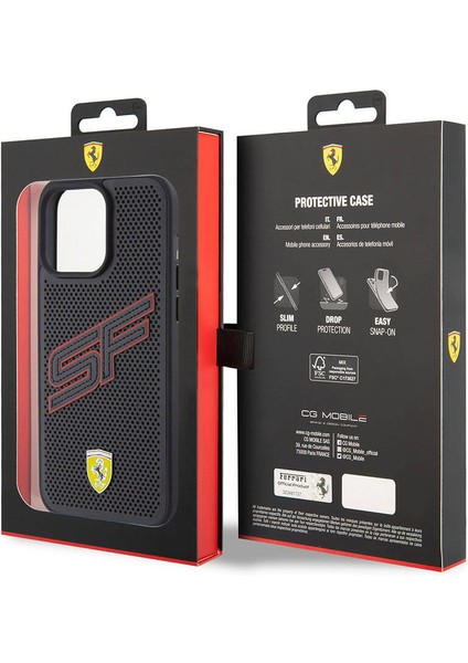 ZORE Ferrari iPhone 15 Pro Max Kılıf Ferrari Orjinal Lisanslı Pu Delikli Yüzey Metal Logolu Büyük Sf Yazılı Siyah indirimleri