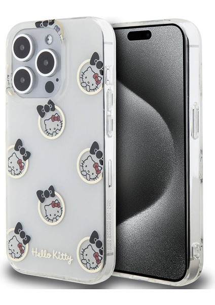 iPhone 15 Pro Kılıf Hello Kitty Orjinal Lisanslı Elektroplating Kaplama Kabarcık Baskılı Kapak Beyaz