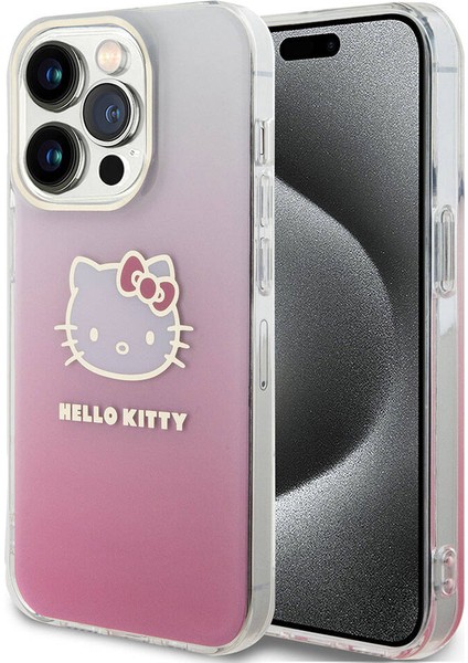 iPhone 15 Pro Kılıf Hello Kitty Orjinal Lisanslı Yazı ve Ikonik Logolu Elektroplating Gradyan Pembe