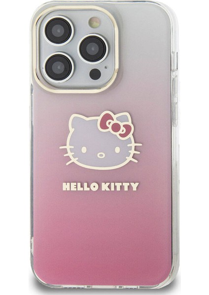 iPhone 15 Pro Kılıf Hello Kitty Orjinal Lisanslı Yazı ve Ikonik Logolu Elektroplating Gradyan Pembe