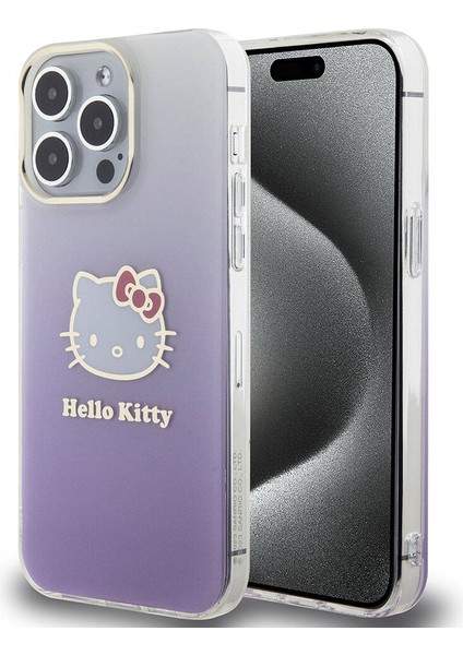 iPhone 15 Pro Max Kılıf Hello Kitty Orjinal Lisans Yazı ve Ikonik Logo Elektroplating Gradyan Mor