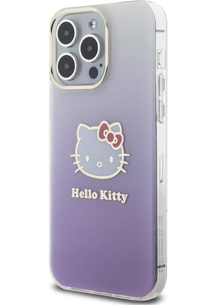 iPhone 15 Pro Max Kılıf Hello Kitty Orjinal Lisans Yazı ve Ikonik Logo Elektroplating Gradyan Mor