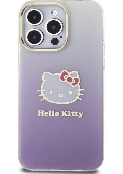 iPhone 15 Pro Max Kılıf Hello Kitty Orjinal Lisans Yazı ve Ikonik Logo Elektroplating Gradyan Mor